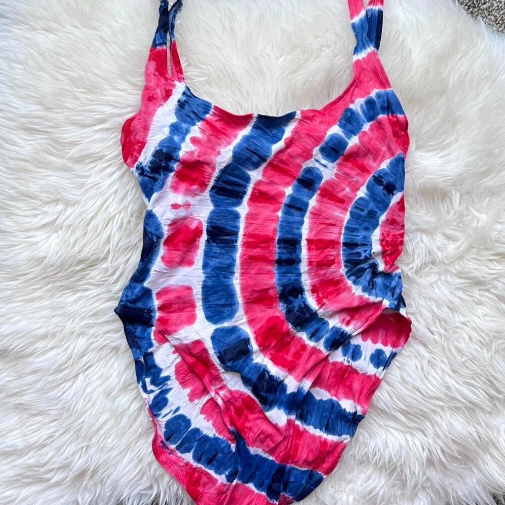 Vintage Red, white, and blue tie-dye one-piece swimsuit with cross back straps